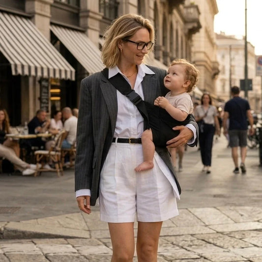 Madre elegante en entorno urbano con portabebés Bilby Tokyo negro primavera