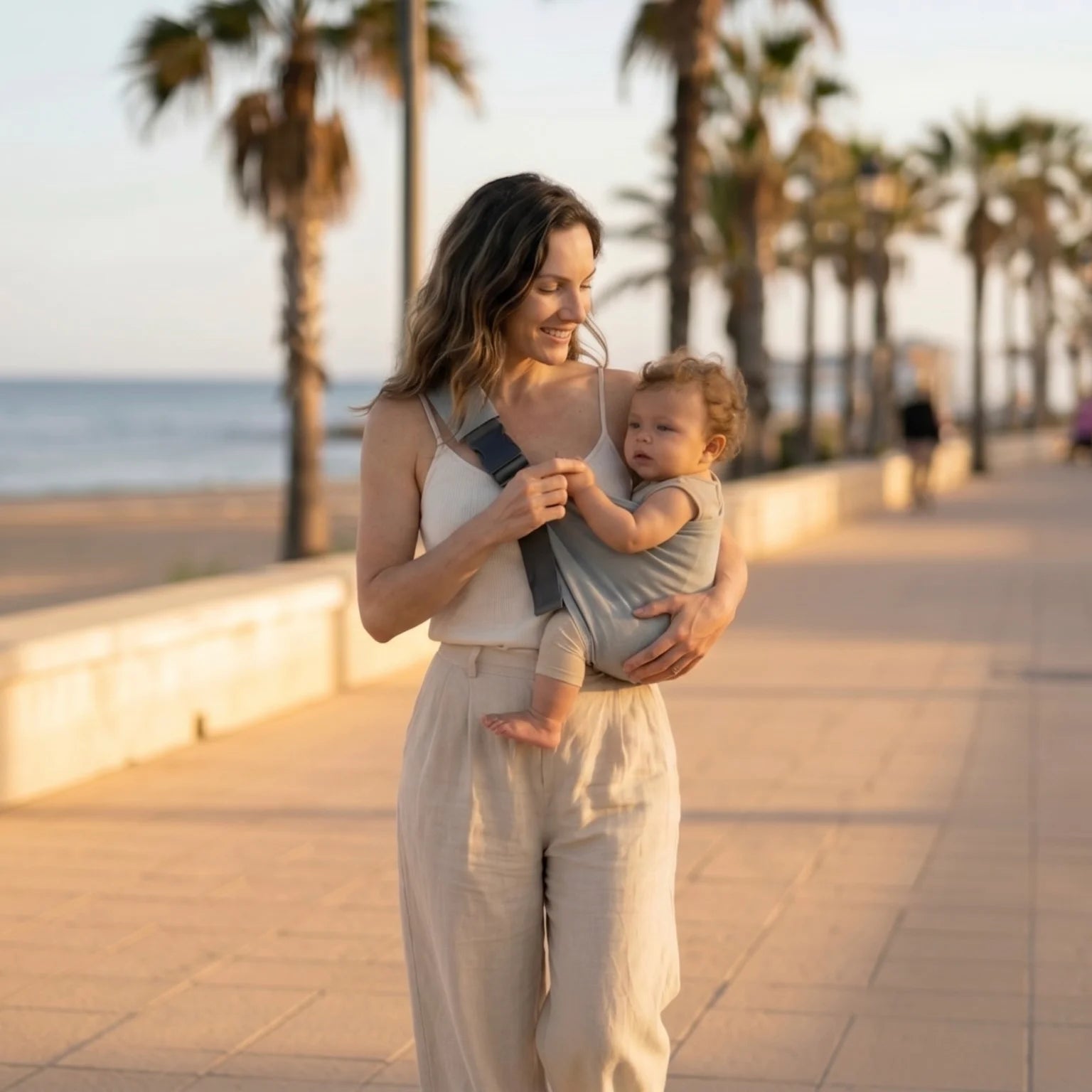 Madre portando a su bebé con el portabebés Bilby en color Paris, paseando por la playa al atardecer.