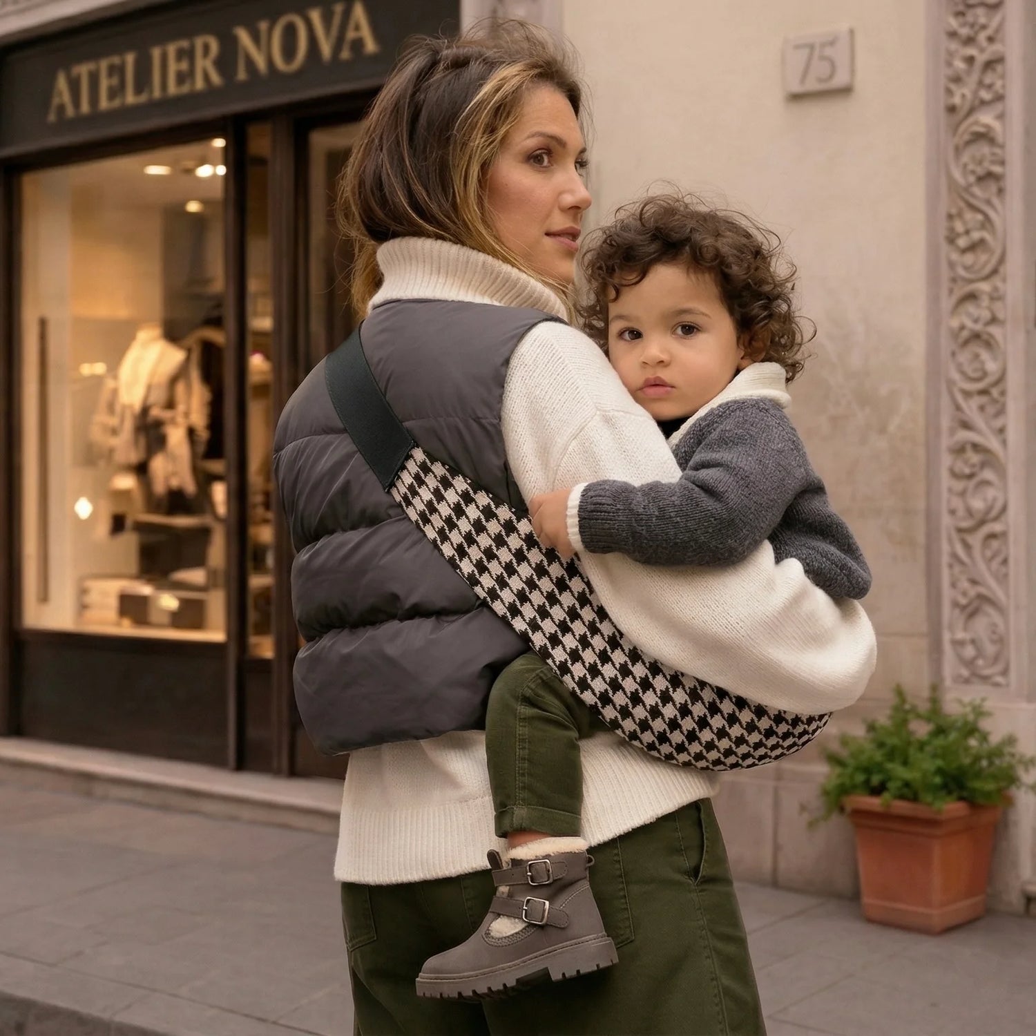 Madre con ropa otoñal elegante y bebé en portabebés Bilby Milano pata de gallo frente a boutique urbana — plano medio