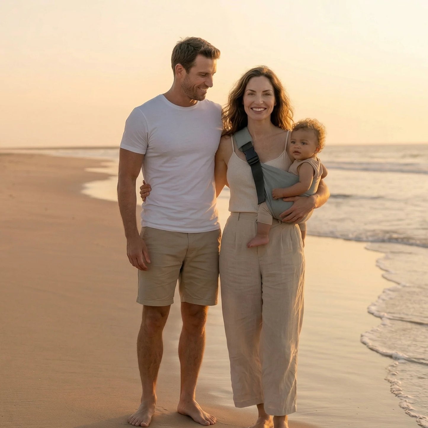 Pareja al atardecer en la playa con bebé en portabebés Bilby Paris gris
